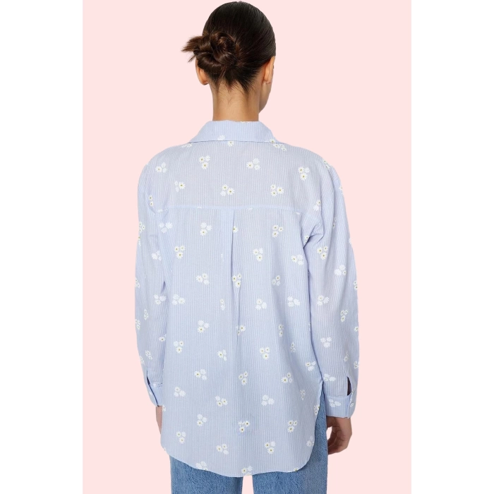 Kadın Oversize Regular Boy Dokuma Gömlek Pamuk Çiçekli Desenli Günlük Şıklık Modern Tasarım