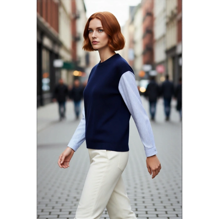 Kadın Oversize Renk Bloklu Bisiklet Yaka Gömlek Detaylı Uzun Kollu Triko Kazak Rahat Modern Şıklık