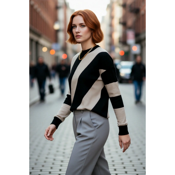 Kadın Oversize Renk Bloklu Bisiklet Yaka Triko Kazak Kış Günleri İçin Sıcak ve Şık Seçim Kaliteli