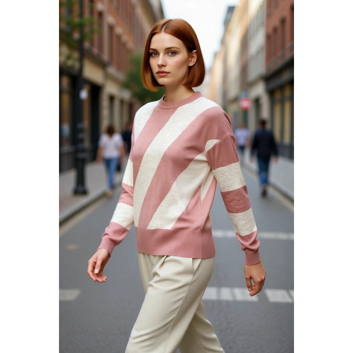 Kadın Oversize Renk Bloklu Bisiklet Yaka Triko Kazak Kış Günleri İçin Sıcak ve Şık Seçim Kaliteli