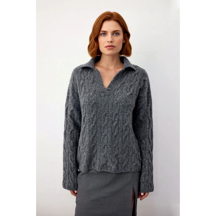 Kadın Oversize Saç Örgü Apaş Yaka Düşük Kol Triko Kazak Kışlık Rahat Ve Şık Kombinler İçin İdeal