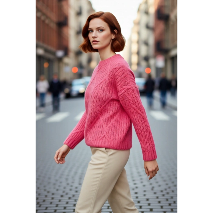 Kadın Oversize Saç Örgü Detaylı Kalın Triko Kazak Kışlık Rahat Bisiklet Yaka Standart Kol Kaliteli