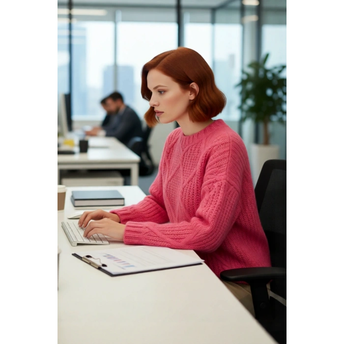 Kadın Oversize Saç Örgü Detaylı Kalın Triko Kazak Kışlık Rahat Bisiklet Yaka Standart Kol Kaliteli