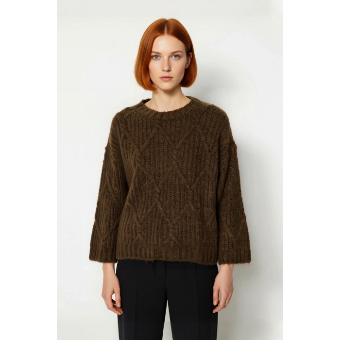 Kadın Oversize Saç Örgü Detaylı Kalın Triko Kazak Kışlık Rahat Bisiklet Yaka Standart Kol Kaliteli