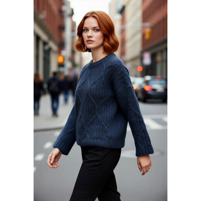 Kadın Oversize Saç Örgü Detaylı Kalın Triko Kazak Kışlık Rahat Bisiklet Yaka Standart Kol Kaliteli