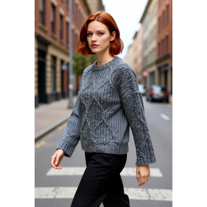 Kadın Oversize Saç Örgü Detaylı Kalın Triko Kazak Kışlık Rahat Bisiklet Yaka Standart Kol Kaliteli