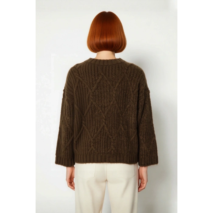 Kadın Oversize Saç Örgü Detaylı Kalın Triko Kazak Kışlık Rahat Bisiklet Yaka Standart Kol Kaliteli