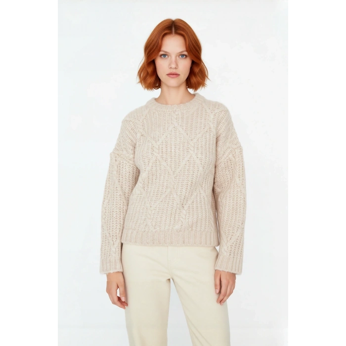 Kadın Oversize Saç Örgü Detaylı Kalın Triko Kazak Kışlık Rahat Bisiklet Yaka Standart Kol Kaliteli