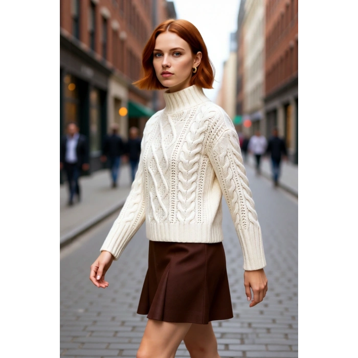 Kadın Oversize Saç Örgü Dik Yaka Akrilik Triko Kazak Uzun Düşük Kollu Günlük Şıklık Sunar Kaliteli