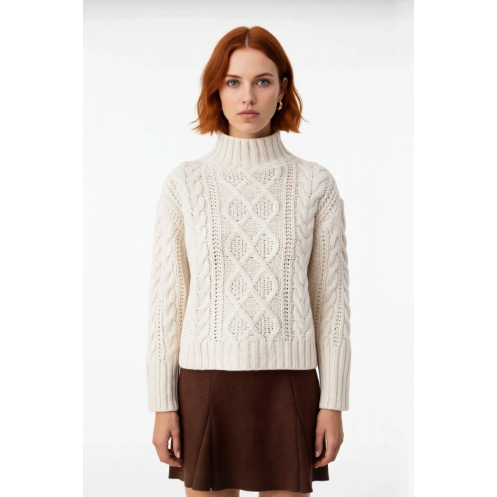 Kadın Oversize Saç Örgü Dik Yaka Akrilik Triko Kazak Uzun Düşük Kollu Günlük Şıklık Sunar Kaliteli