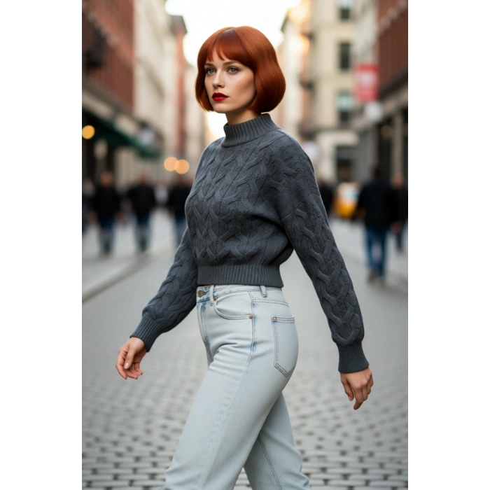 Kadın Oversize Saç Örgü Dik Yaka Triko Crop Kazak Kış Günleri İçin Konforlu Ve Şık Tasarım