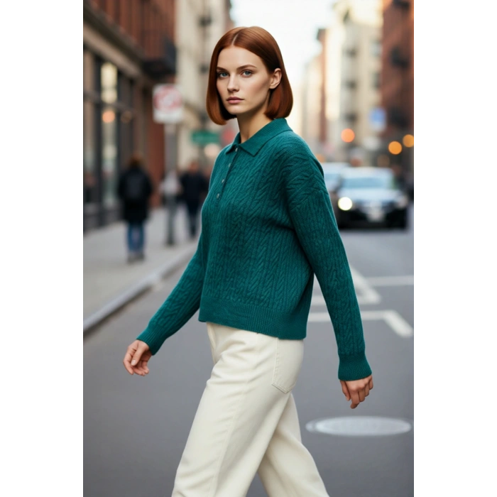 Kadın Oversize Saç Örgü Polo Yaka Triko Kazak Düşük Uzun Kollu Kışlık Rahat Basic Şıklık Kaliteli