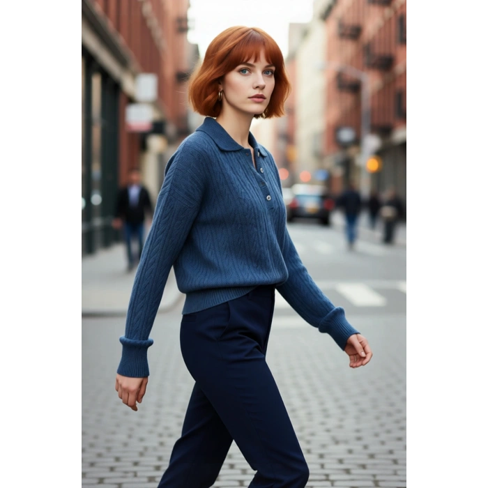 Kadın Oversize Saç Örgü Polo Yaka Triko Kazak Düşük Uzun Kollu Kışlık Rahat Basic Şıklık Kaliteli