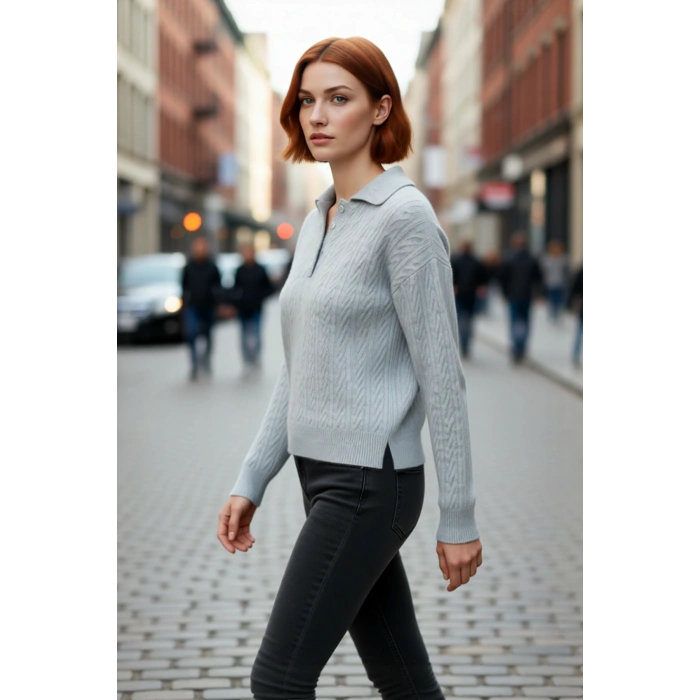 Kadın Oversize Saç Örgü Polo Yaka Triko Kazak Düşük Uzun Kollu Kışlık Rahat Basic Şıklık Kaliteli