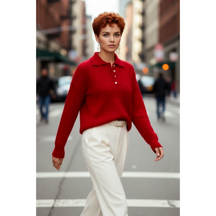 Kadın Oversize Saç Örgü Polo Yaka Triko Kazak Düşük Uzun Kollu Kışlık Rahat Basic Şıklık Kaliteli