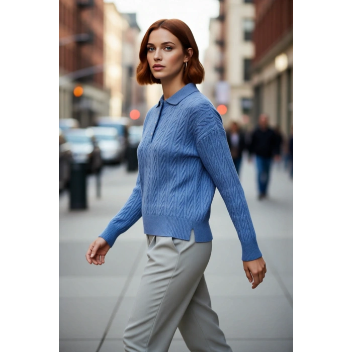 Kadın Oversize Saç Örgü Polo Yaka Triko Kazak Düşük Uzun Kollu Kışlık Rahat Basic Şıklık Kaliteli