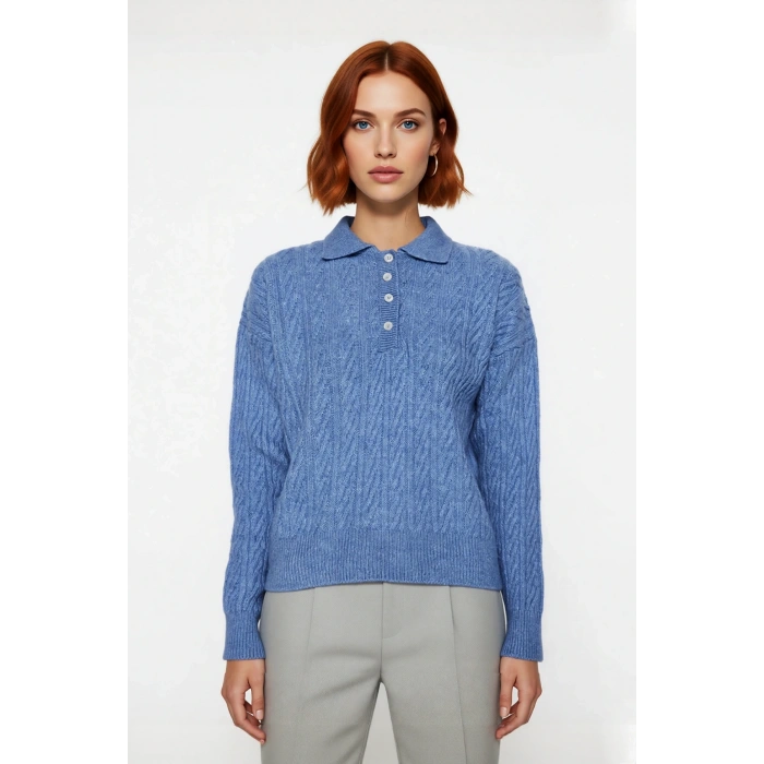 Kadın Oversize Saç Örgü Polo Yaka Triko Kazak Düşük Uzun Kollu Kışlık Rahat Basic Şıklık Kaliteli