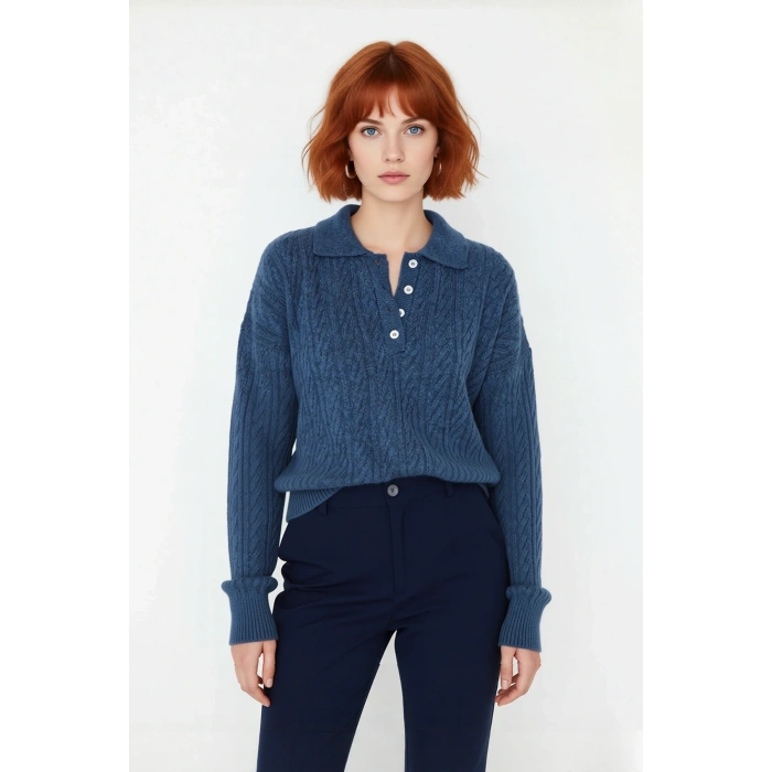 Kadın Oversize Saç Örgü Polo Yaka Triko Kazak Düşük Uzun Kollu Kışlık Rahat Basic Şıklık Kaliteli