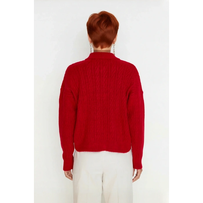 Kadın Oversize Saç Örgü Polo Yaka Triko Kazak Düşük Uzun Kollu Kışlık Rahat Basic Şıklık Kaliteli