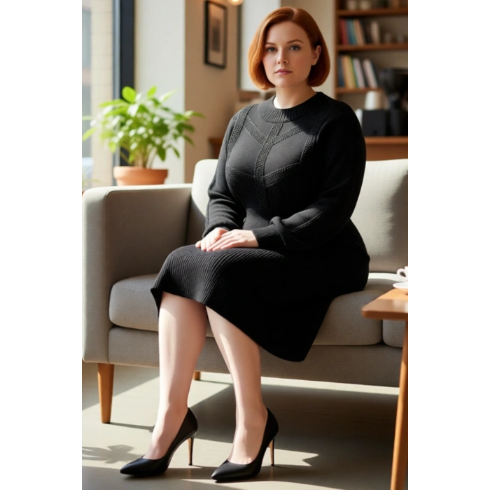 Kadın Oversize Selanik Dokuma Midi Boy Triko Elbise Örgü Detaylı Bisiklet Yaka Uzun Kollu Kış Stili