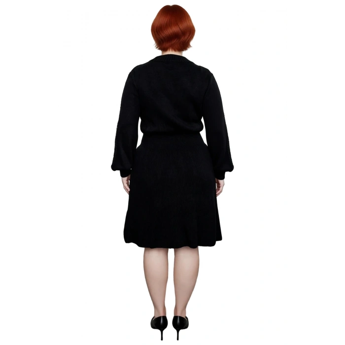 Kadın Oversize Skater Midi Boy Triko Elbise Örgü Detaylı Bisiklet Yaka Uzun Kollu Rahat Kışlık Stil