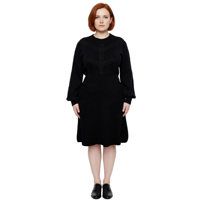 Kadın Oversize Skater Midi Boy Triko Elbise Örgü Detaylı Bisiklet Yaka Uzun Kollu Rahat Kışlık Stil