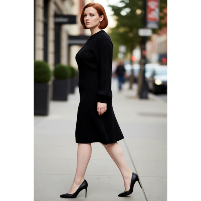 Kadın Oversize Skater Midi Boy Triko Elbise Örgü Detaylı Bisiklet Yaka Uzun Kollu Rahat Kışlık Stil