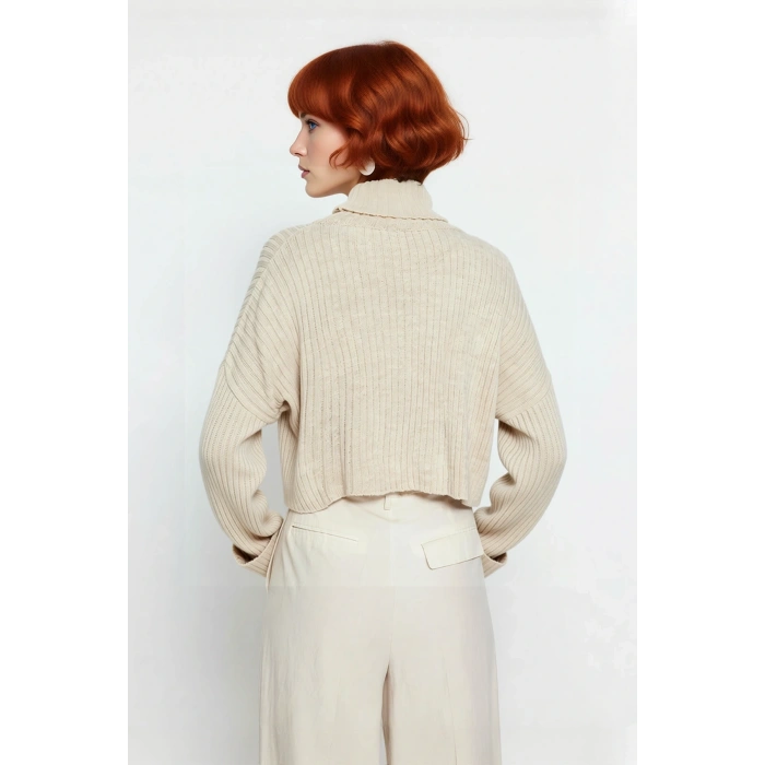 Kadın Oversize Super Crop Balıkçı Yaka Akrilik Triko Kazak Kışlık Günlük Stilinize Yenilik