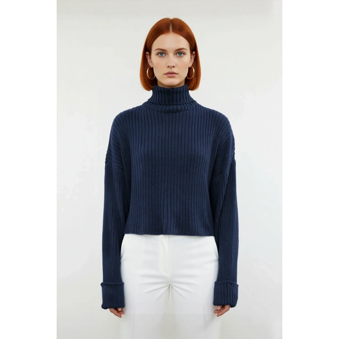 Kadın Oversize Super Crop Balıkçı Yaka Akrilik Triko Kazak Kışlık Günlük Stilinize Yenilik