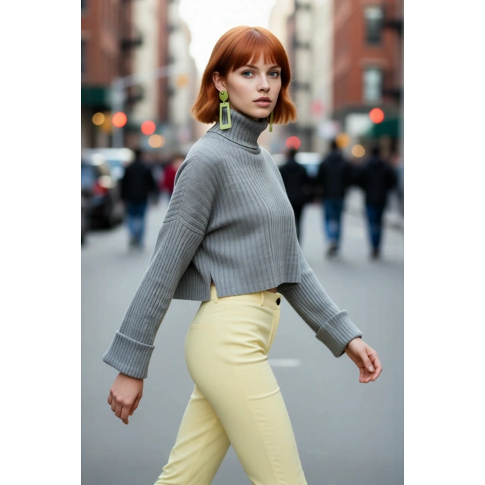 Kadın Oversize Super Crop Balıkçı Yaka Kışlık Triko Kazak Uzun Kollu Rahat Ve Şık Stil Kaliteli