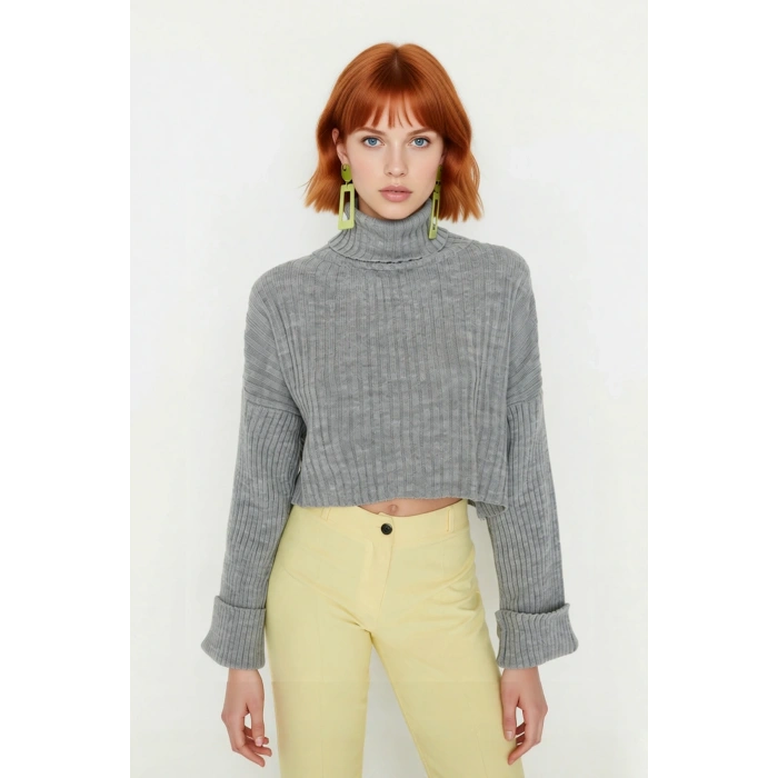 Kadın Oversize Super Crop Balıkçı Yaka Kışlık Triko Kazak Uzun Kollu Rahat Ve Şık Stil Kaliteli