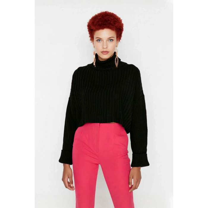 Kadın Oversize Super Crop Balıkçı Yaka Kışlık Triko Kazak Uzun Kollu Rahat Ve Şık Stil Kaliteli