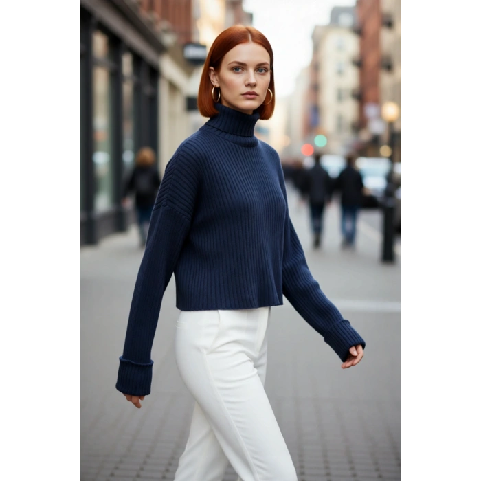 Kadın Oversize Super Crop Balıkçı Yaka Kışlık Triko Kazak Uzun Kollu Rahat Ve Şık Stil Kaliteli