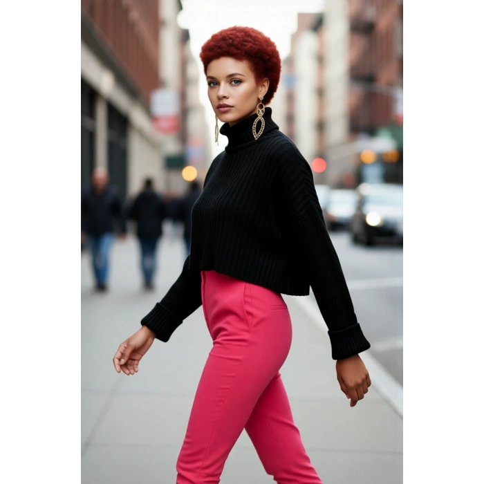 Kadın Oversize Super Crop Balıkçı Yaka Kışlık Triko Kazak Uzun Kollu Rahat Ve Şık Stil Kaliteli