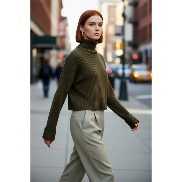 Kadın Oversize Super Crop Balıkçı Yaka Uzun Kollu Akrilik Triko Kazak Kışlık Günlük Şıklık