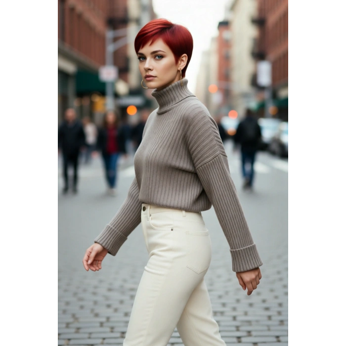 Kadın Oversize Super Crop Balıkçı Yaka Uzun Kollu Akrilik Triko Kazak Kışlık Günlük Şıklık