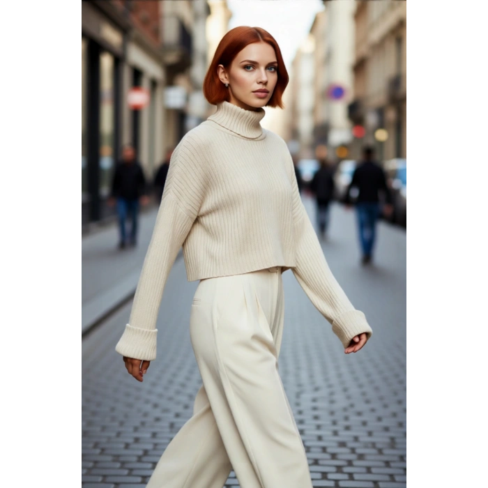 Kadın Oversize Super Crop Balıkçı Yaka Uzun Kollu Akrilik Triko Kazak Kışlık Günlük Şıklık