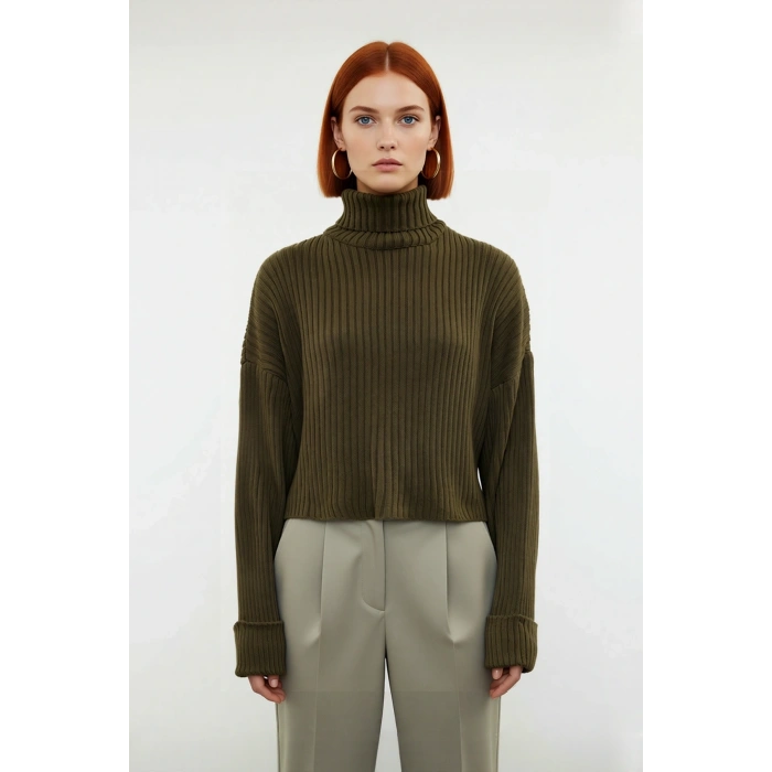 Kadın Oversize Super Crop Balıkçı Yaka Uzun Kollu Akrilik Triko Kazak Kışlık Günlük Şıklık