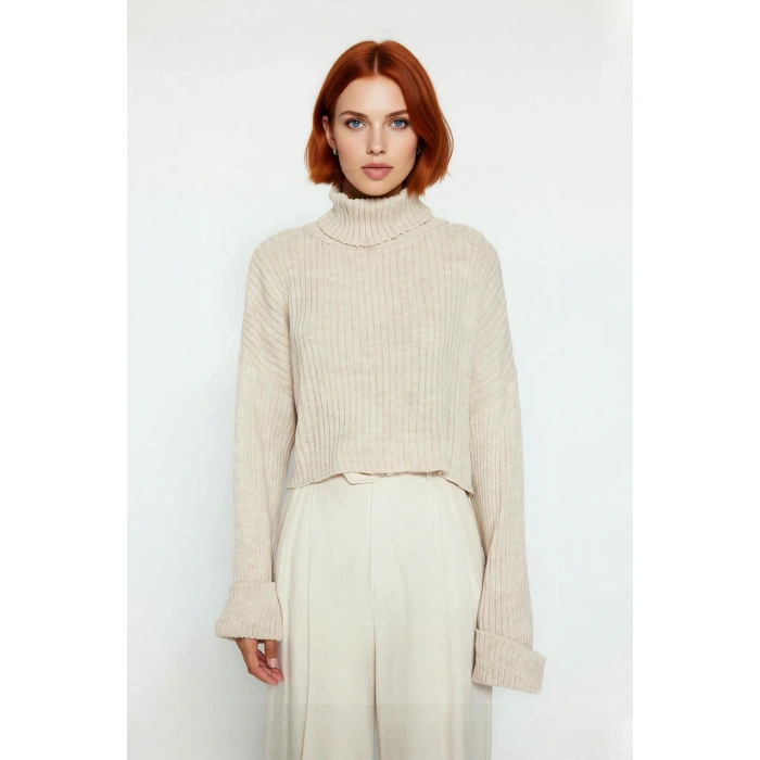 Kadın Oversize Super Crop Balıkçı Yaka Uzun Kollu Akrilik Triko Kazak Kışlık Günlük Şıklık