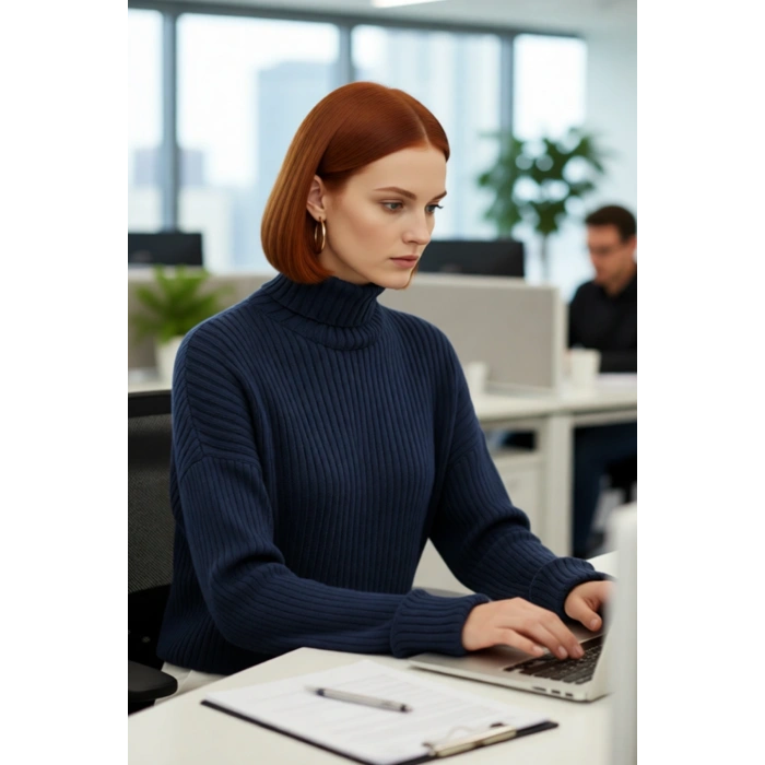 Kadın Oversize Super Crop Balıkçı Yaka Uzun Kollu Akrilik Triko Kazak Kışlık Günlük Şıklık