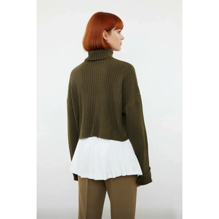 Kadın Oversize Super Crop Balıkçı Yaka Uzun Kollu Akrilik Triko Kazak Kışlık Günlük Şıklık