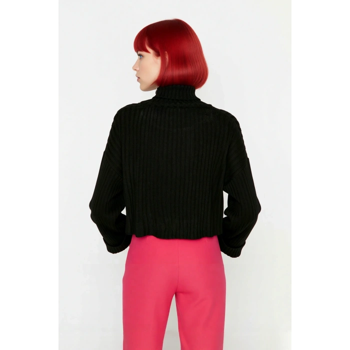 Kadın Oversize Super Crop Balıkçı Yaka Uzun Kollu Akrilik Triko Kazak Kışlık Günlük Şıklık