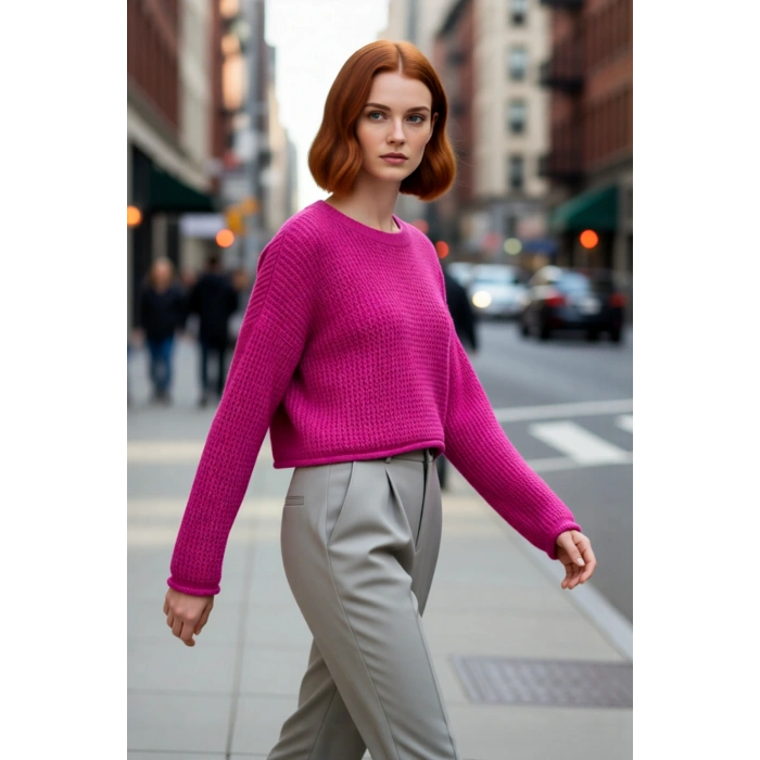 Kadın Oversize Super Crop Bisiklet Yaka Akrilik Triko Kazak Kış Günleri İçin İdeal Uzun Kollu Model