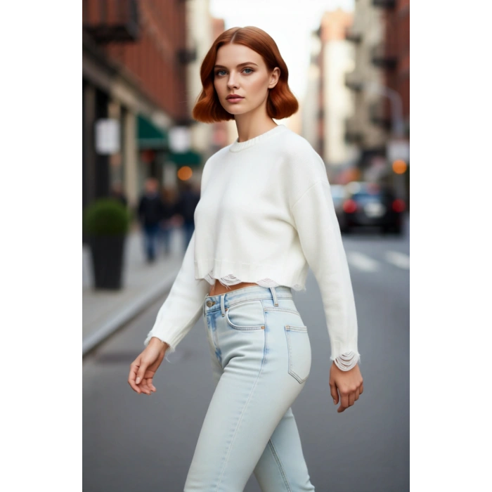 Kadın Oversize Triko Crop Kazak Düşük Kollu Akıtma Detaylı Yumuşak Dokusuyla Modern Şıklık Sunar