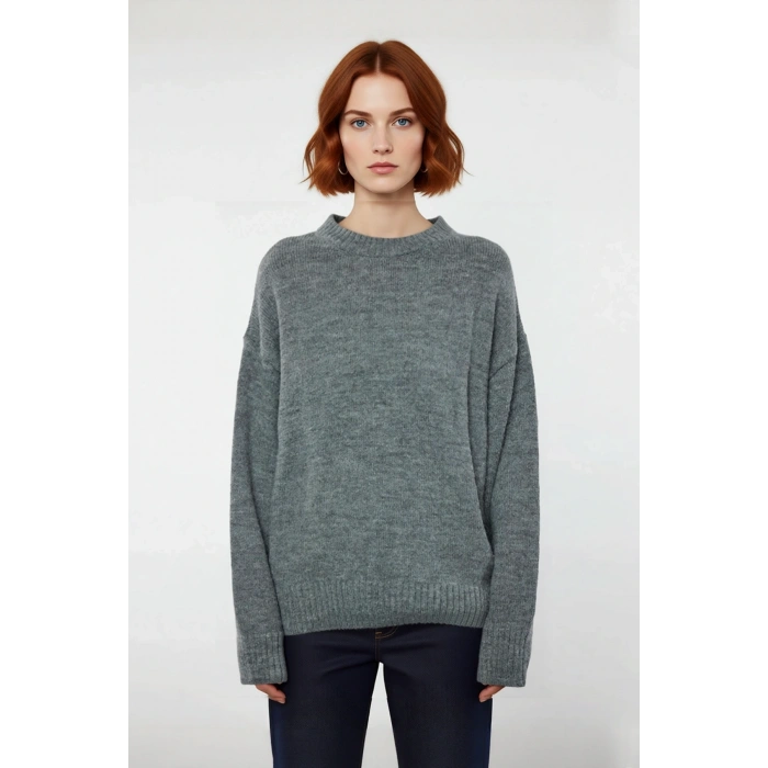 Kadın Oversize Triko Kazak Düşük Kol Bisiklet Yaka Basic Kışlık Günlük Rahat Şık Tasarım Kaliteli