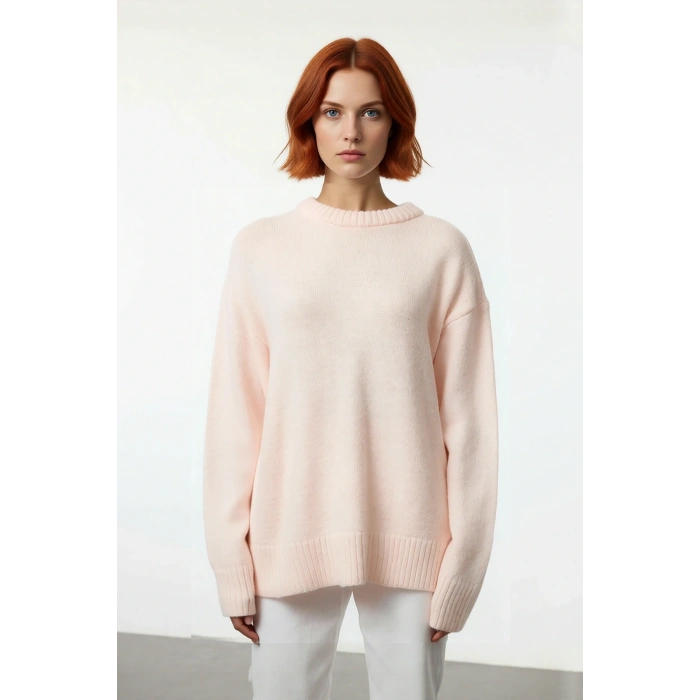 Kadın Oversize Triko Kazak Düşük Kol Bisiklet Yaka Basic Kışlık Günlük Rahat Şık Tasarım Kaliteli