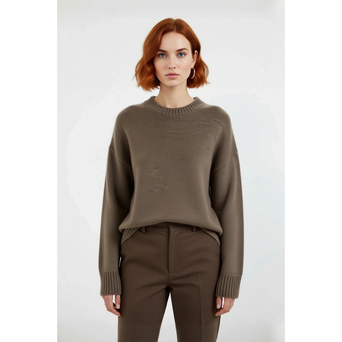 Kadın Oversize Triko Kazak Düşük Kol Bisiklet Yaka Basic Kışlık Günlük Rahat Şık Tasarım Kaliteli