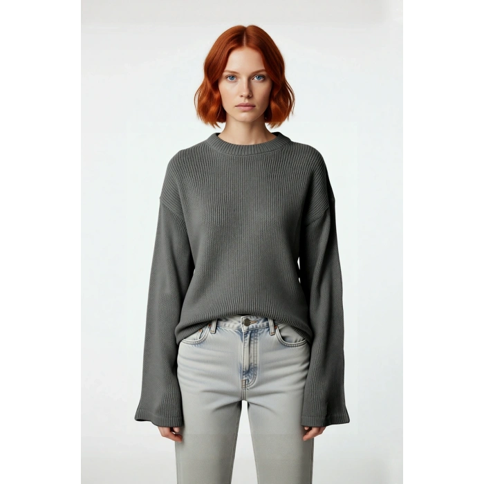 Kadın Oversize Triko Kazak Geniş İspanyol Kol Bisiklet Yaka Düz Dokulu Kışlık Basic Model Kaliteli