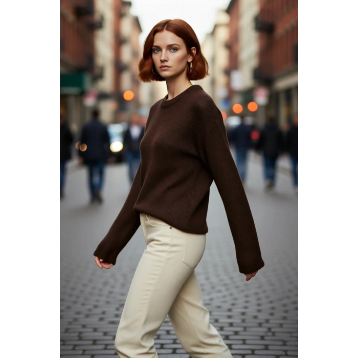 Kadın Oversize Triko Kazak Geniş İspanyol Kol Bisiklet Yaka Düz Dokulu Kışlık Basic Model Kaliteli