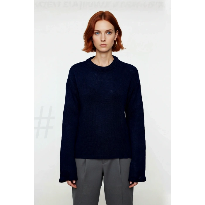 Kadın Oversize Triko Kazak Geniş İspanyol Kol Bisiklet Yaka Düz Dokulu Kışlık Basic Model Kaliteli